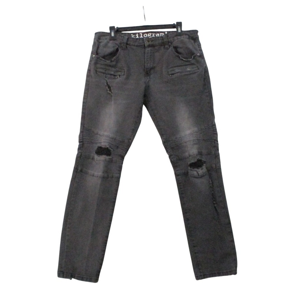 Kilogram Mens Moto Jeans Faded Black Distressed Biker Denim Size 34x30